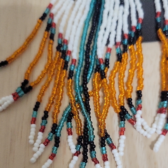 Handcrafted Beaded Fringe Earrings - White, Gold, Black Purchased In NM - Picture 2 of 3